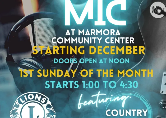 image of headphones, mic, and guitar in background, event details in glowing white text in foreground, host logo