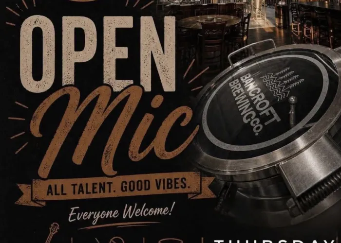 AI poster, Bancroft Brewing co. logo top left, stick trees and water in circle, top right is image of interior of brewery, event details on bottom with stick images of guitar, mic, and stool