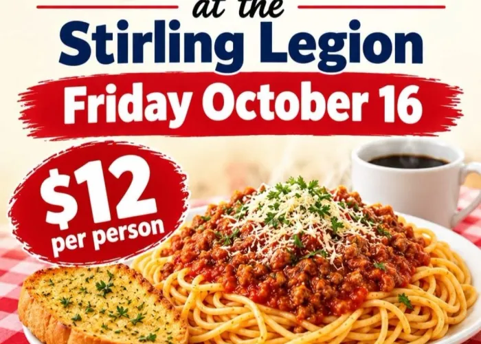 AI photo of spaghetti dinner with garlic bread and coffee, white plate, red checkered table cloth, legion logo, event details