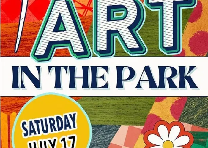 Colourful collage background with different patterns, daisy, yellow circle with date, paint brush, event title and details in different fonts across page
