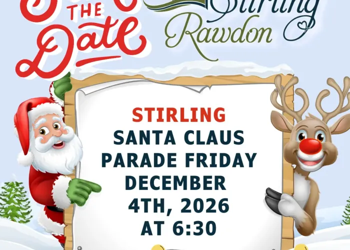Cartoon santa and rudolph holding white notice with event details, winter scene in background, snow on ground, snow covered tree, Stirling Rawdon logo above
