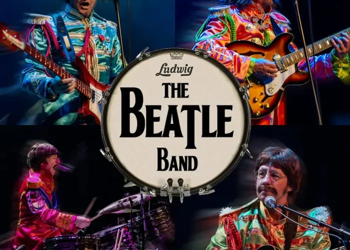 Background is four photos of band members performing on stage in colourful outfit, drum in centre foreground with name of band
