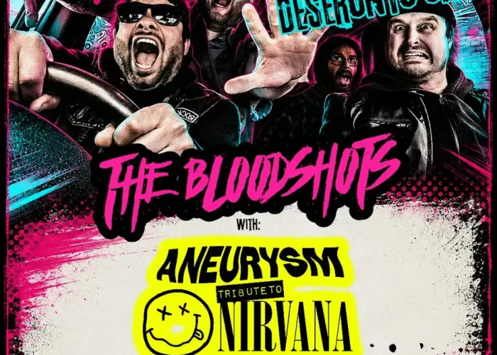Four men screaming in car, Tour title along top of page with pink drips and light blue xs, band logo in yellow and black on bottom along with venue details and logo