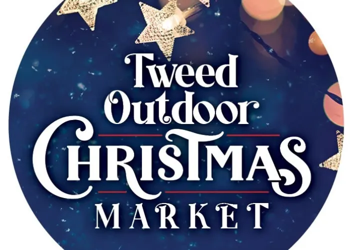 Blue snowy background, christmas lights long top, event name in centre in white text