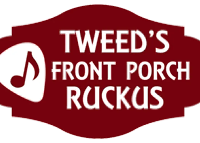 White background, dark red oval type shape with musical note inside on left and event title on right in white text