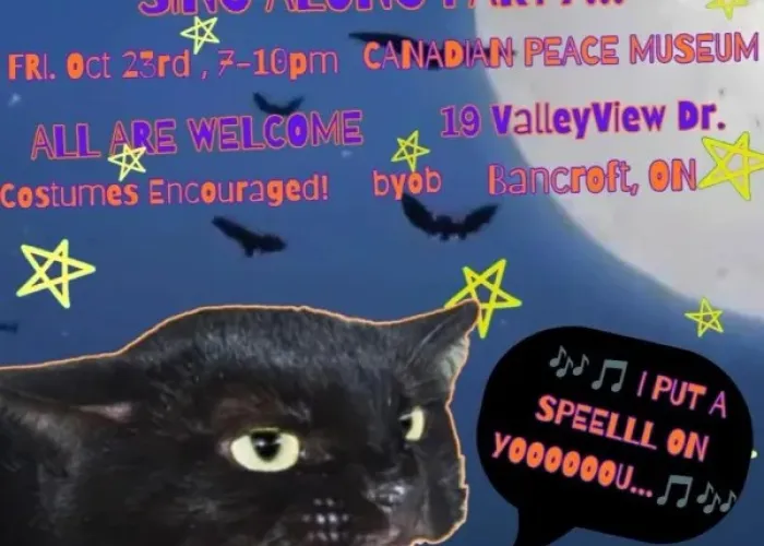Black cat singing at mic, speech bubble with lyrics and song notes, backgrounds of bats, moon and night sky, event details in colourful writing with stars