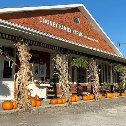 Cooney Farms store front. A red brick building with pumpkins and corn husks.