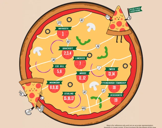 Cartoon style map in the shape of a pizza with locations of pizza places across Hastings County.